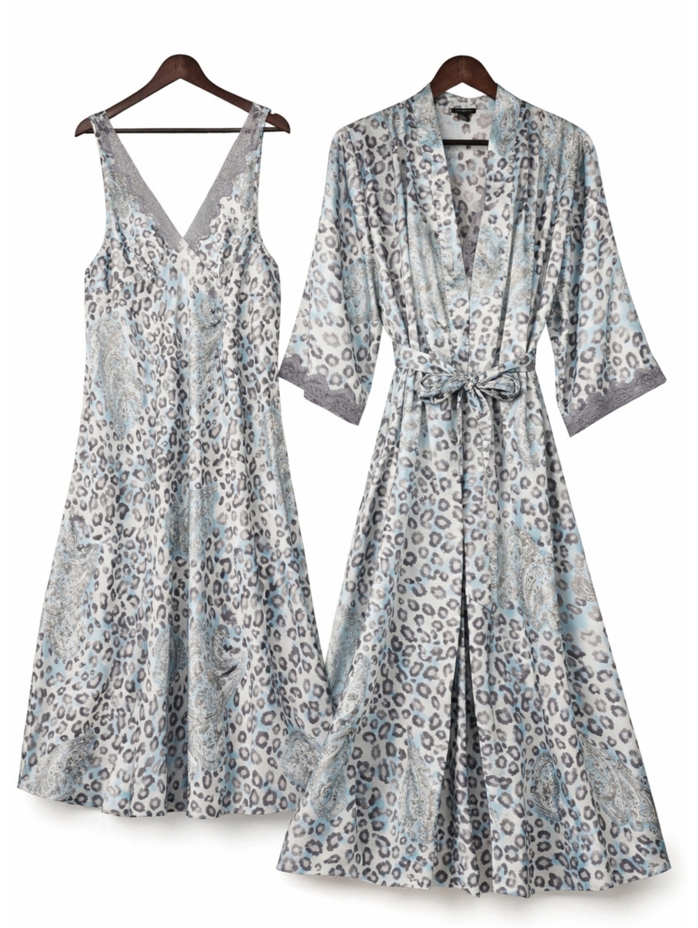 Jones New York Satin Kimono Robe Set L/XL Leopard Paisley Boho 2pc
